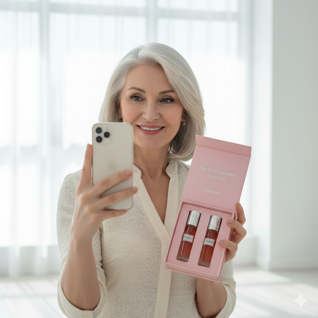 Donna che tiene il cofanetto Pheroeli con due profumi