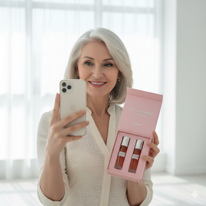 Donna che tiene il cofanetto Pheroeli con due profumi